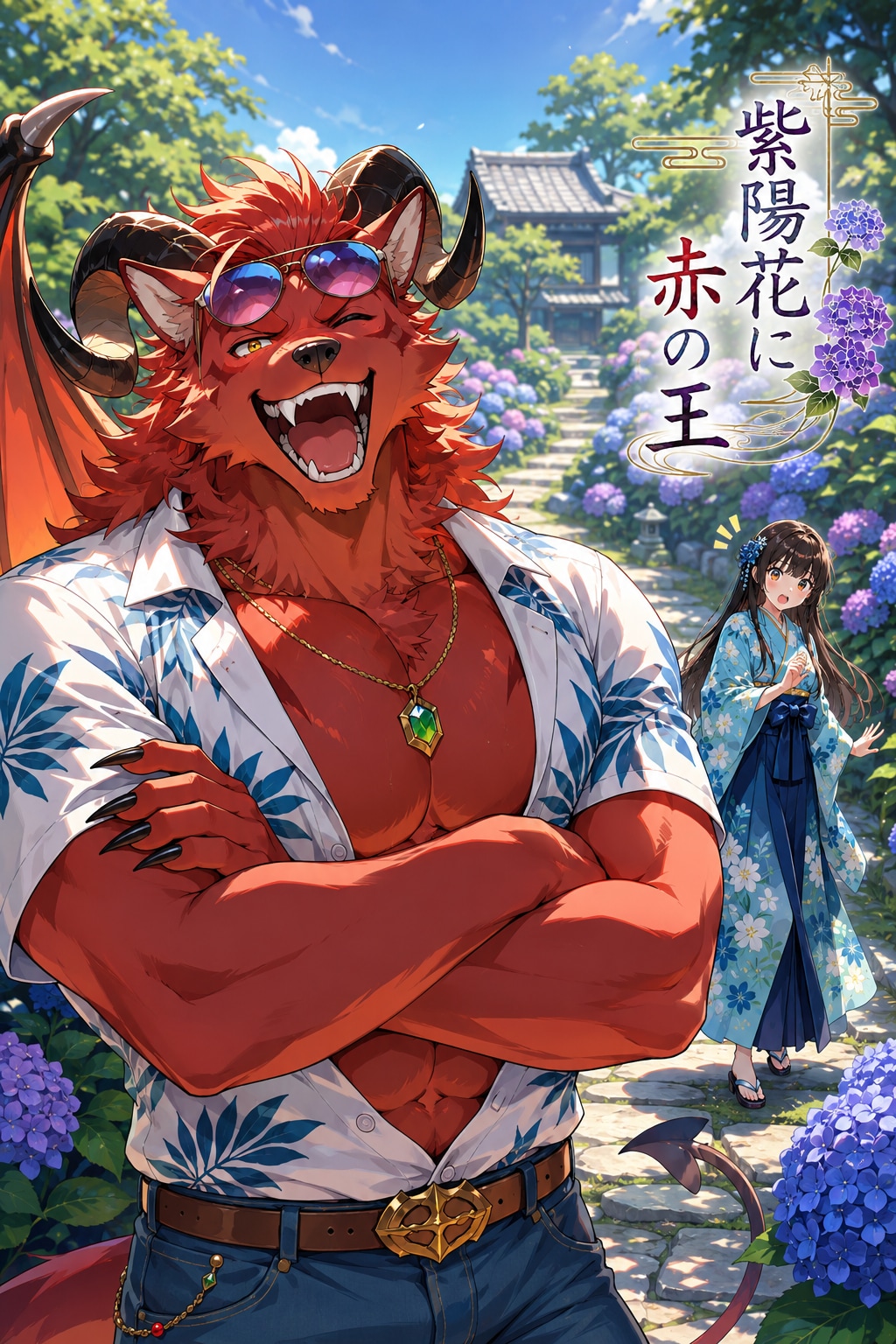 紫陽花に赤の王