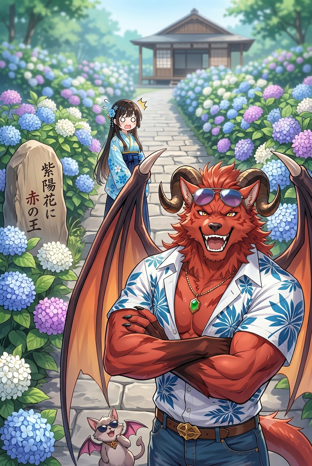 紫陽花に赤の王