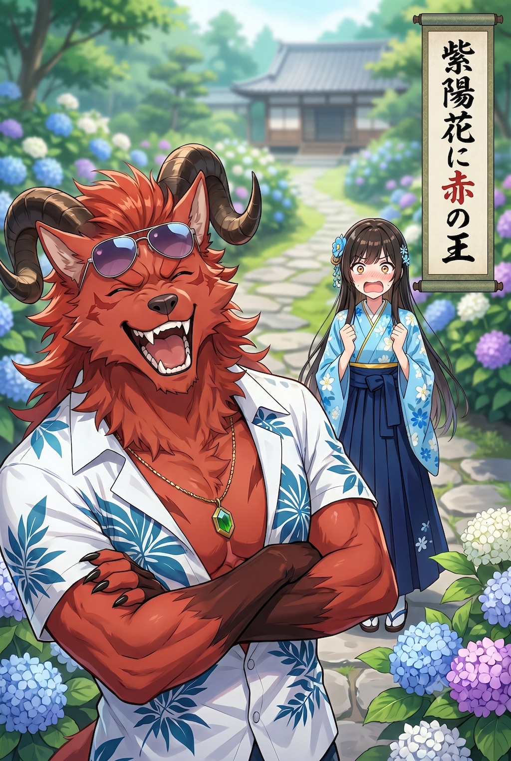 紫陽花に赤の王