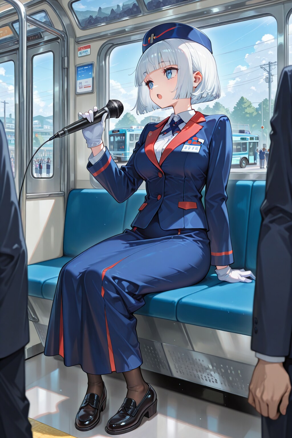 座るバスガイド、白髪光莉ちゃん