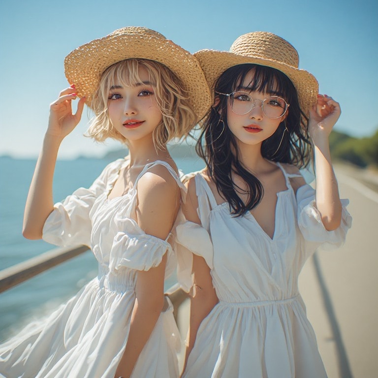 金髪ギャルと黒髪メガネ 麦わらとワンピースVer.フォト
