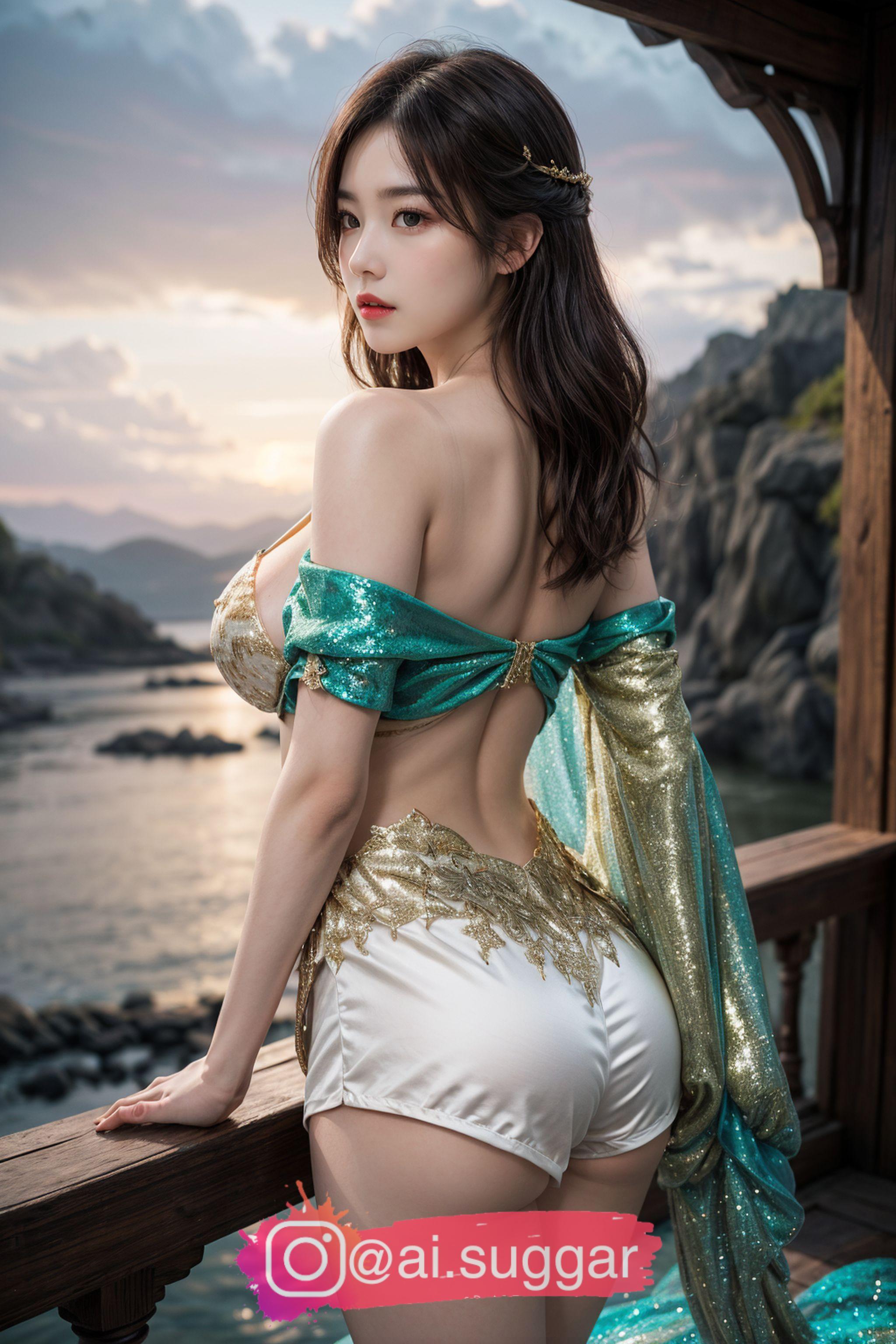 立って青い海を眺める女の子