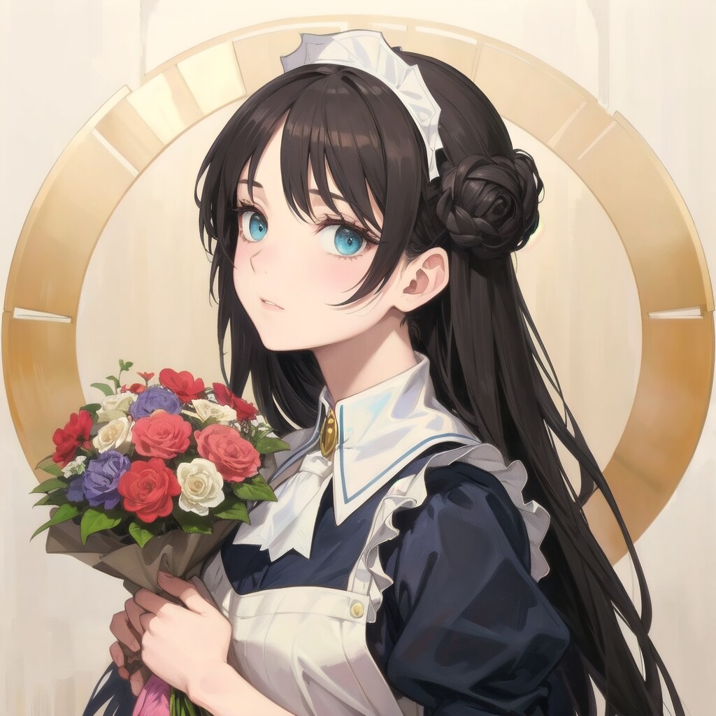 油絵調の「花束を持つメイド」の自画像　ー アルフォンス・ミュシャ風 ー