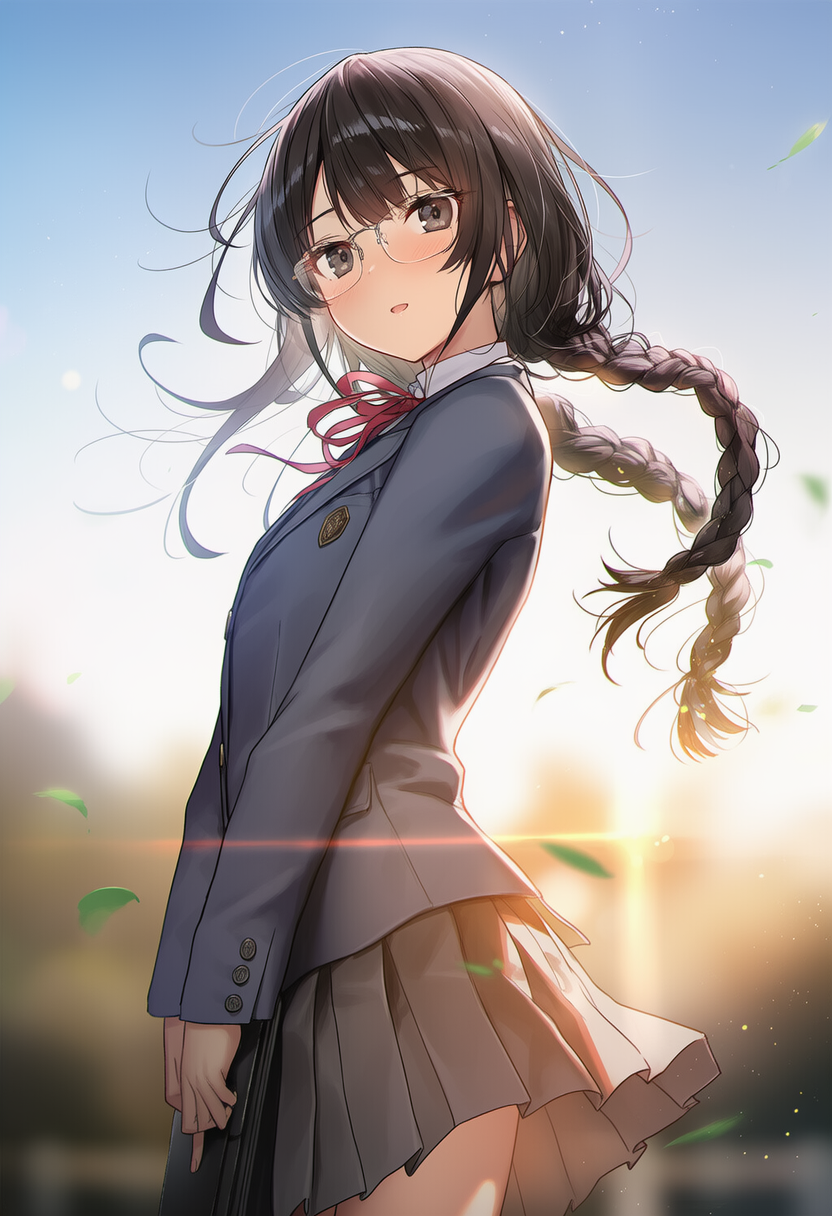 眼鏡三つ編みの女子高生