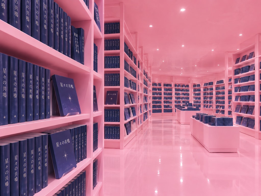 ピンク一色の本屋、「星々の共鳴」という本だけが置いてある