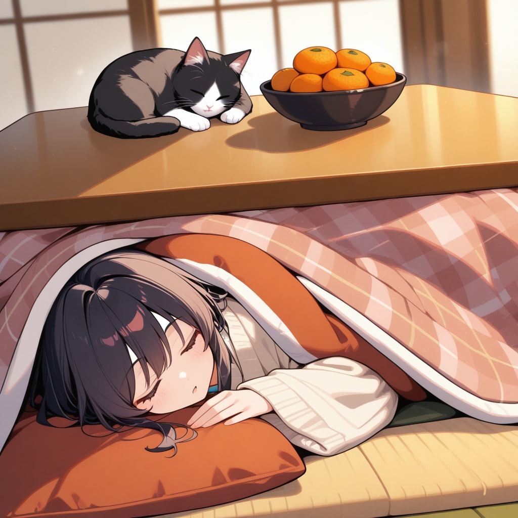 炬燵と猫と蜜柑