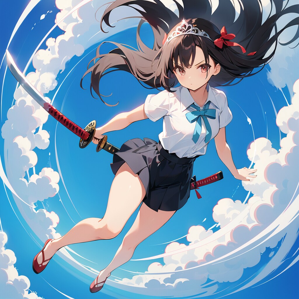 A girl with a “katana” is in the blue sky