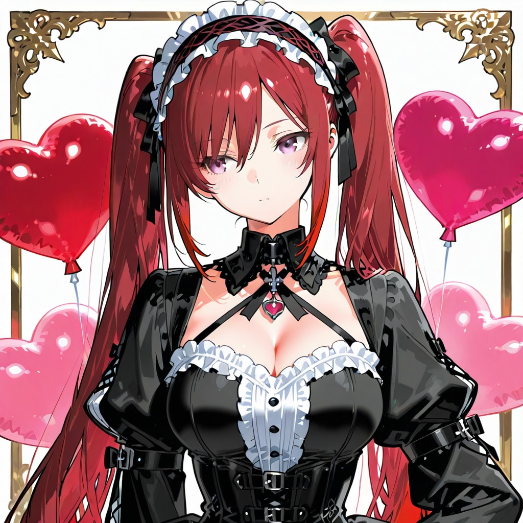 いっぱい色とりどりのハート風船を持つ赤い髪ツインテールのゴスロリ衣装着た美女