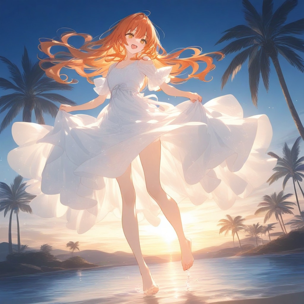 水辺と朝日と白いワンピース