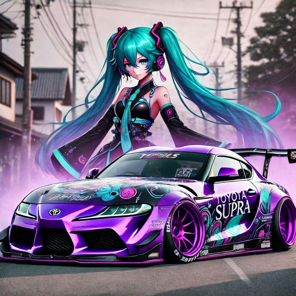 初音ミクとパープルカラートヨタスープラのドリ車