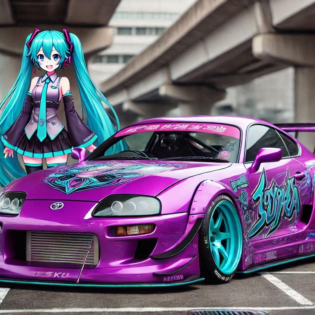 初音ミクとパープルカラートヨタスープラのドリ車