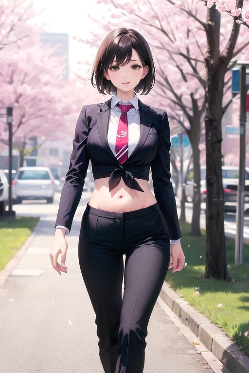 へそ出しパンツスーツOLの花見