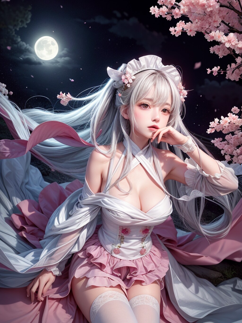 夜の桜とメイドさん