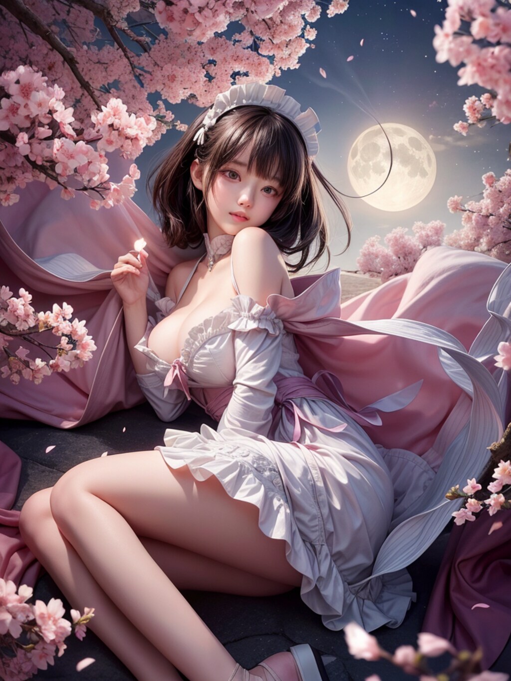夜の桜とメイドさん