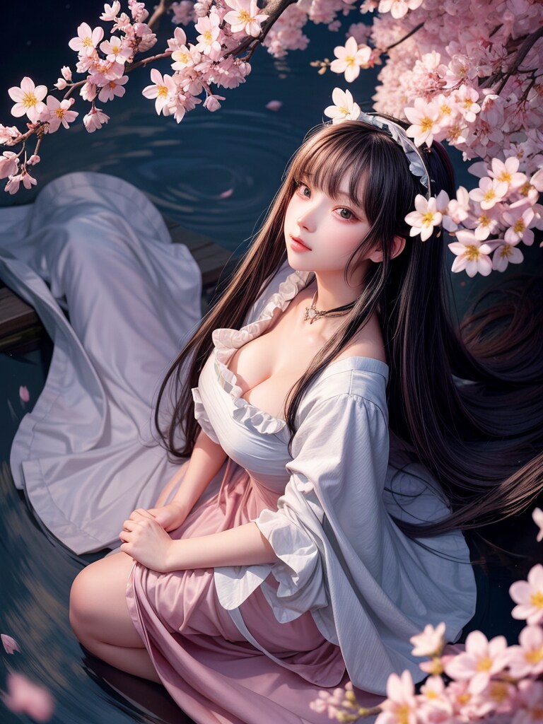 夜の桜とメイドさん