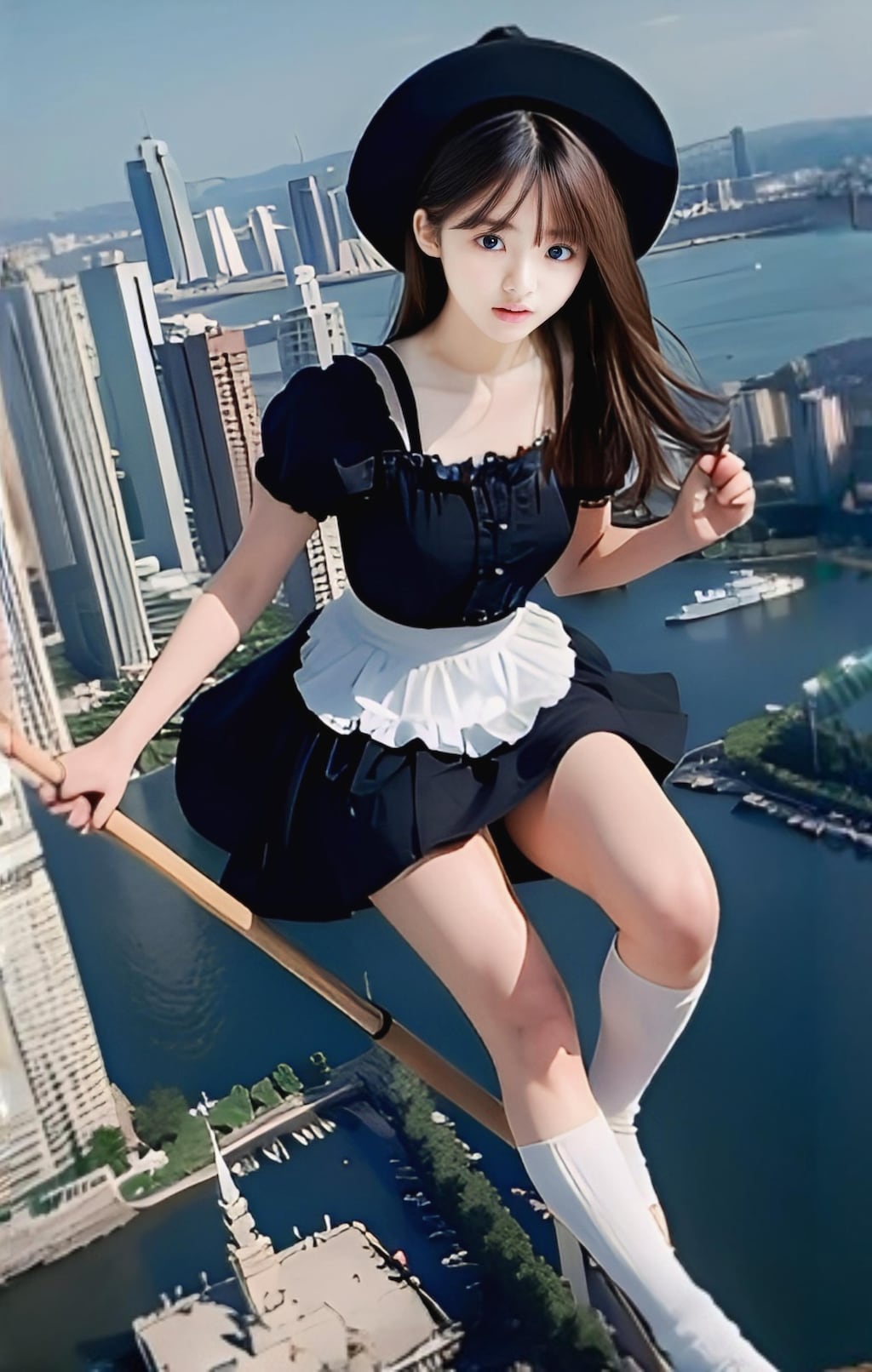 魔法の箒で空を飛ぶ魔女っ娘