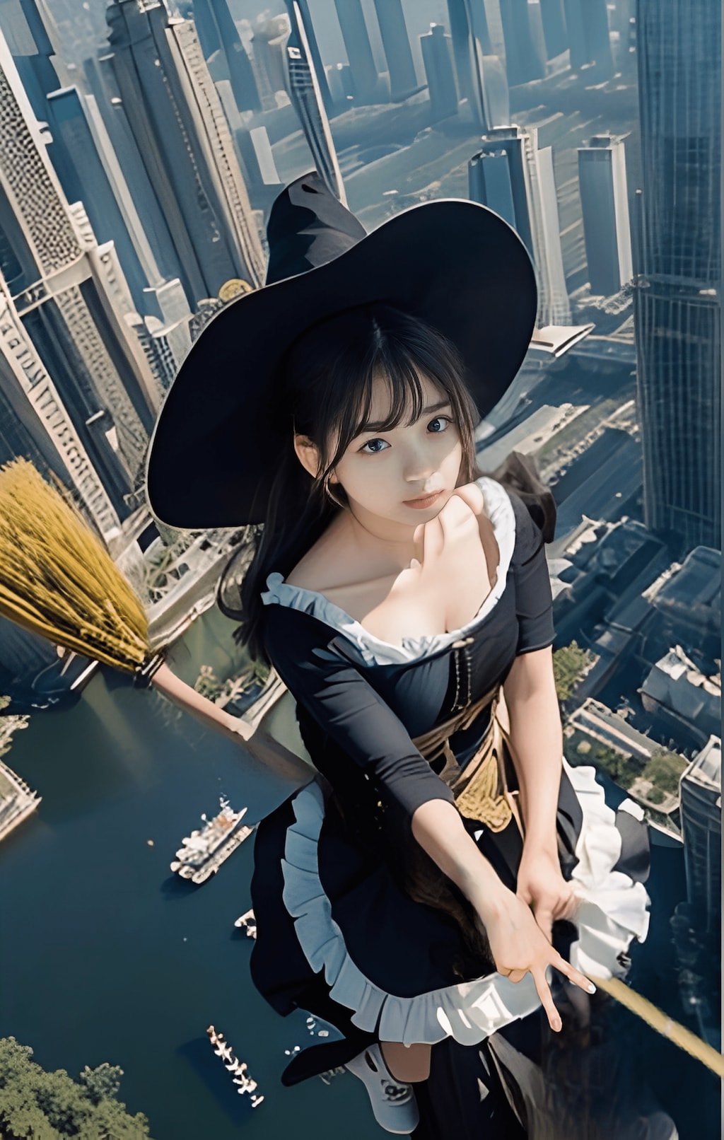 魔法の箒で空を飛ぶ魔女っ娘