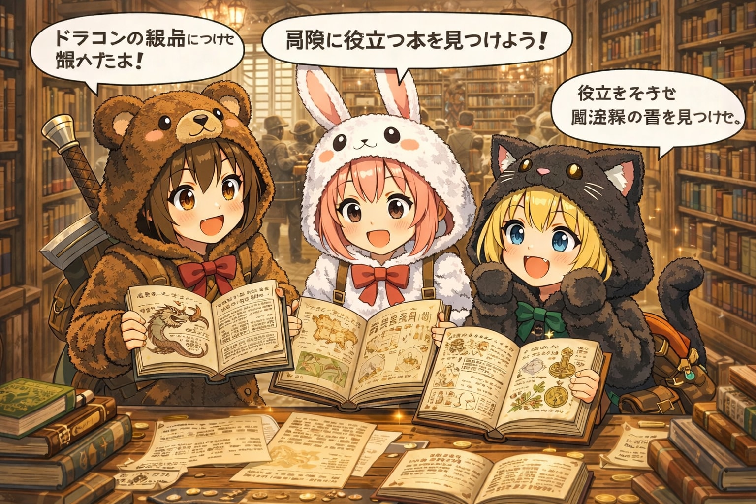 【All0424c2】中級者冒険者にランクアップしたので、街の大きな図書館で冒険に役立つ情報を収集した。（モデル: ChatGPT） | の人気AIイラスト・グラビア