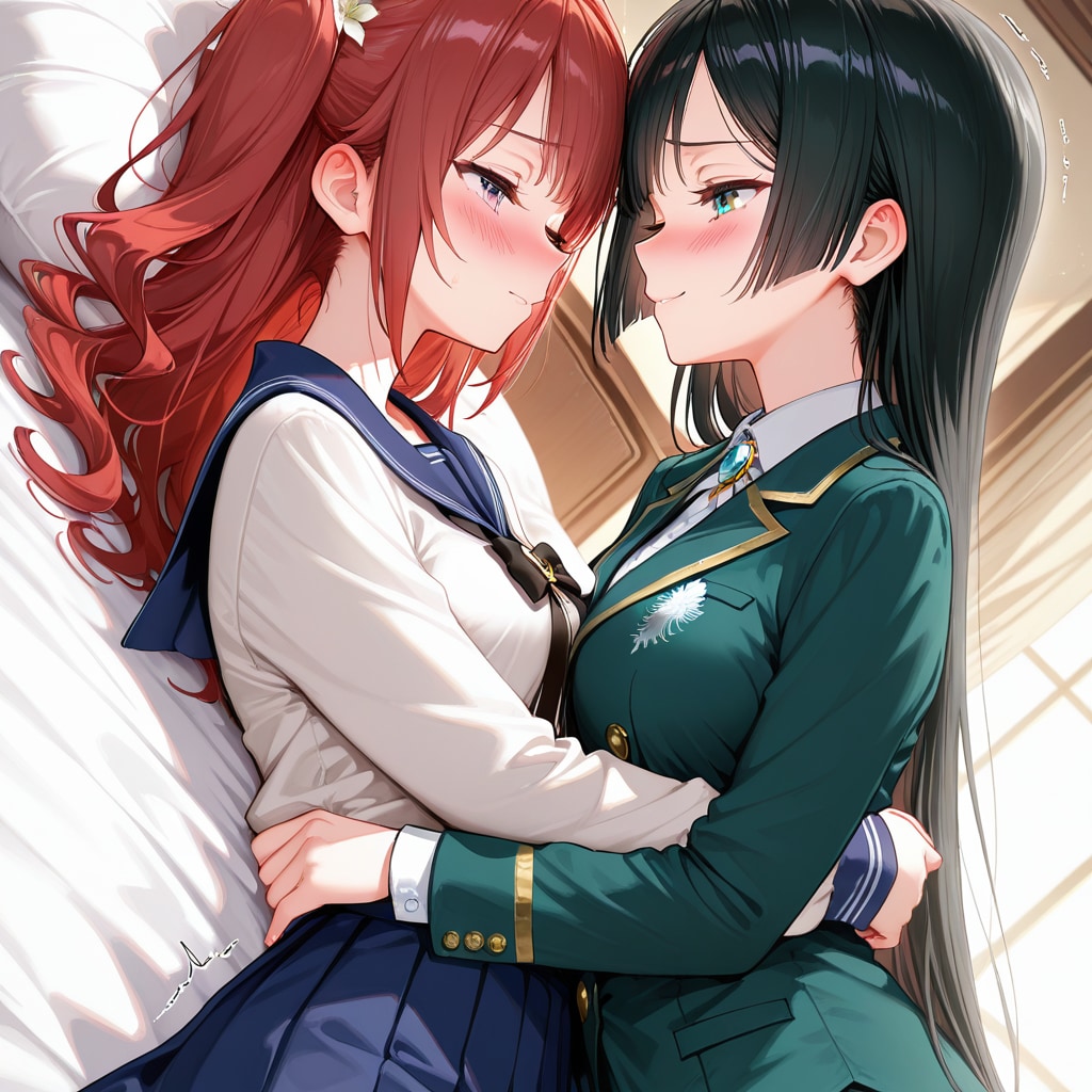 制服のまま学生寮のベッドでイチャつく女の子たち