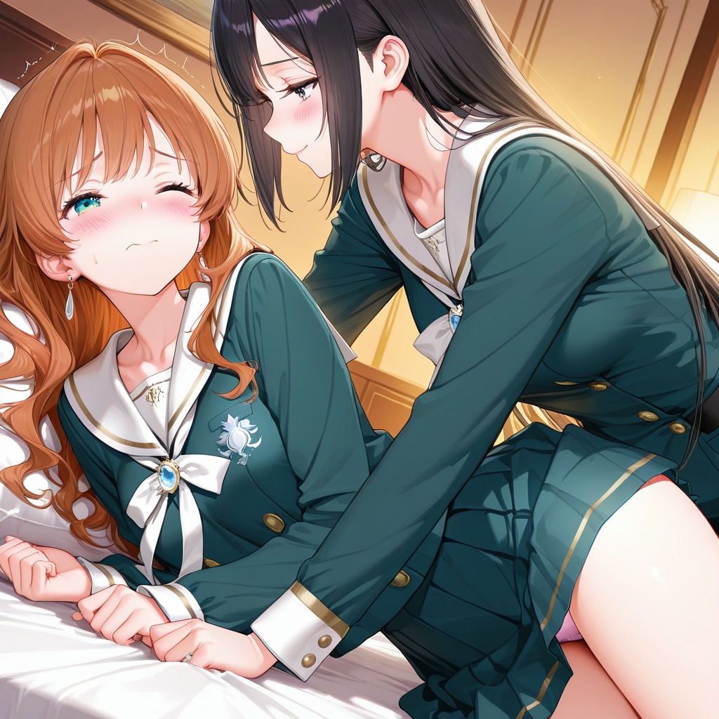 制服のまま学生寮のベッドでイチャつく女の子たち