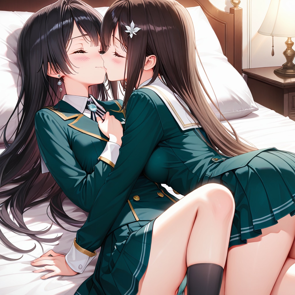 制服のまま学生寮のベッドでイチャつく女の子たち