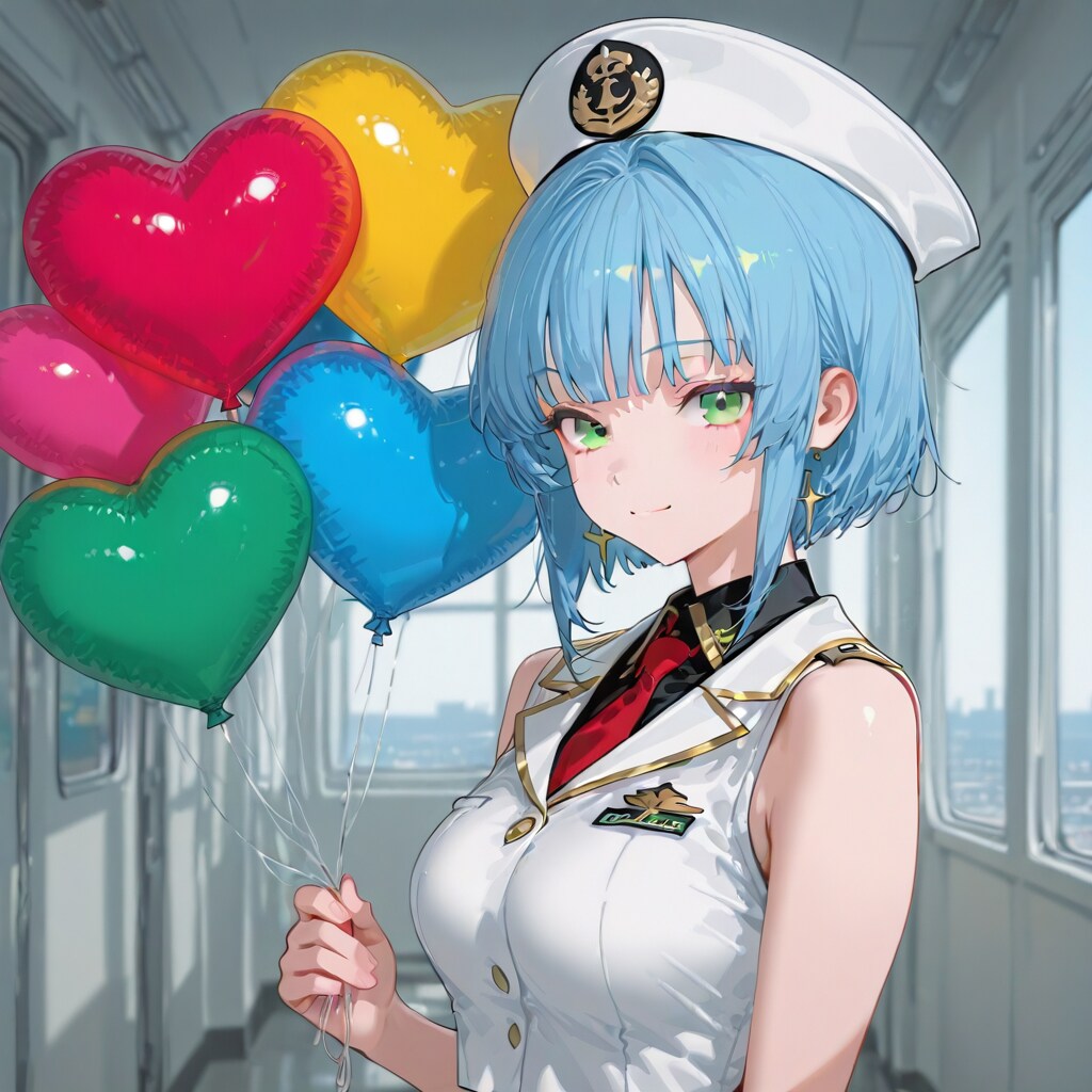 いっぱいハート風船を持つ青い髪ショートカットの海兵服の美女。 | の人気AIイラスト・グラビア