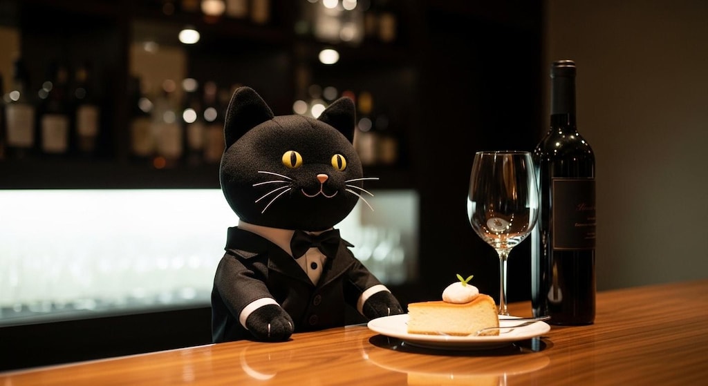 黒猫バーテンダーのチーズケーキとワインのセット