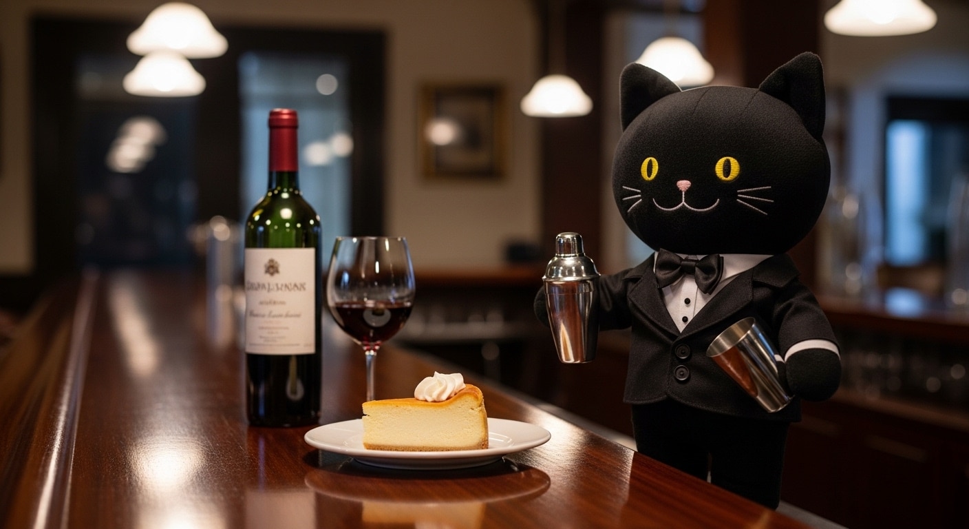 黒猫バーテンダーのチーズケーキとワインのセット