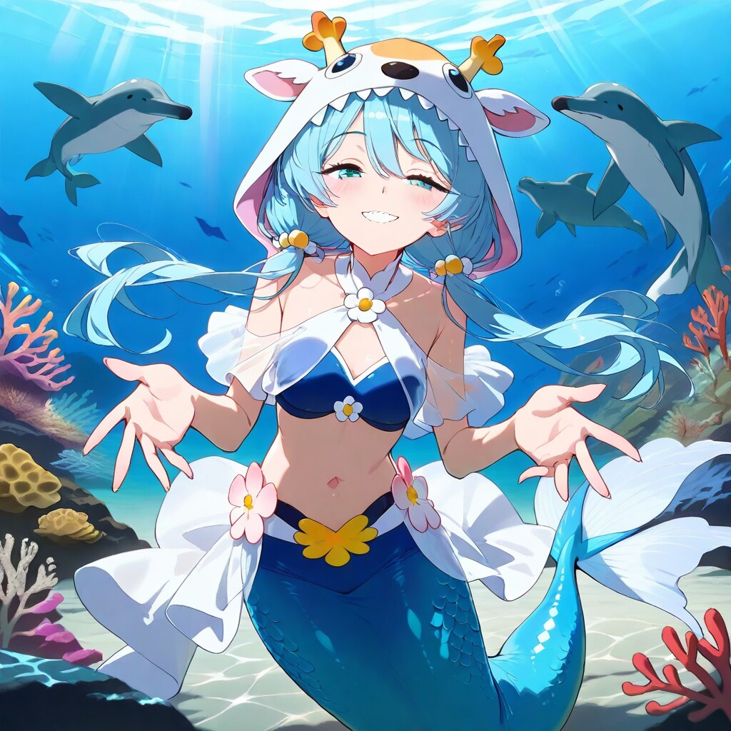 イルカと仲良しキリン帽子人魚姫ちゃん