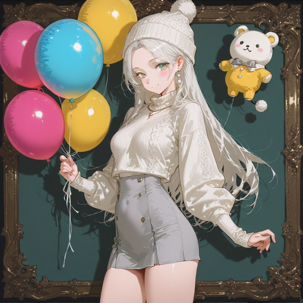 いっぱい風船を持つ白い髪ロングのニット帽付けた美女。
