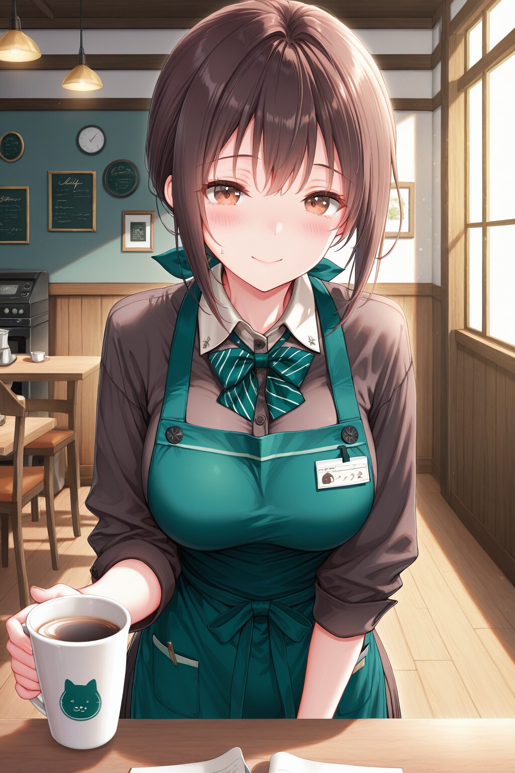 休憩時間に店長とカフェオレを飲む店員さん