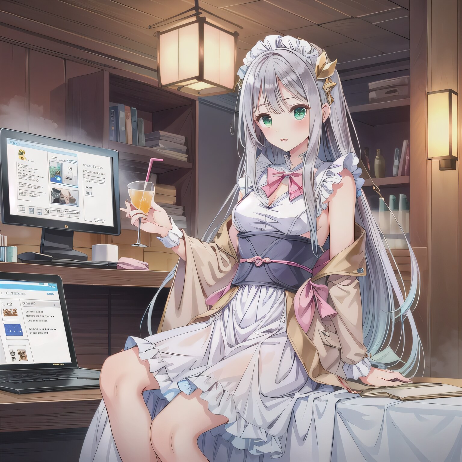 銀髪ロングで漫画喫茶の少女３ | の人気AIイラスト・グラビア