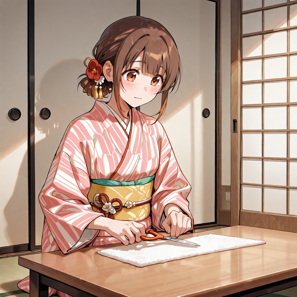 和室で和服で切り絵