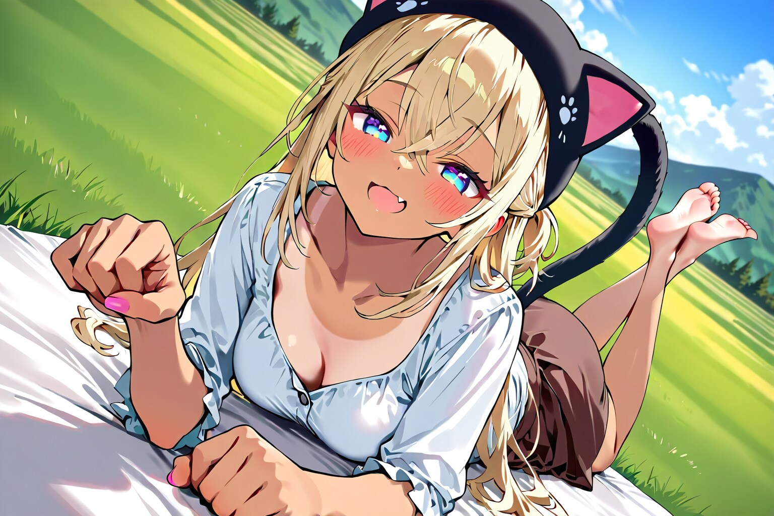草原で寝そべる金髪ちゃん