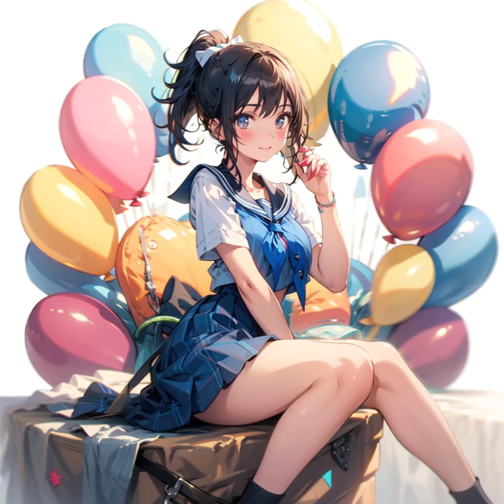 いっぱい色とりどりの風船を持つ黒髪ポニーテールのセーラー服の美少女