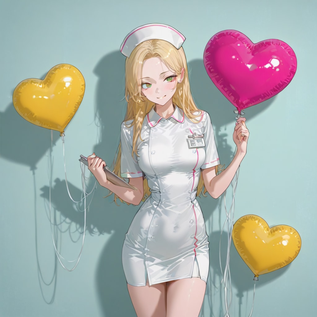 いっぱいハート風船を持つブロンドロングのナース服の美女 | の人気AIイラスト・グラビア