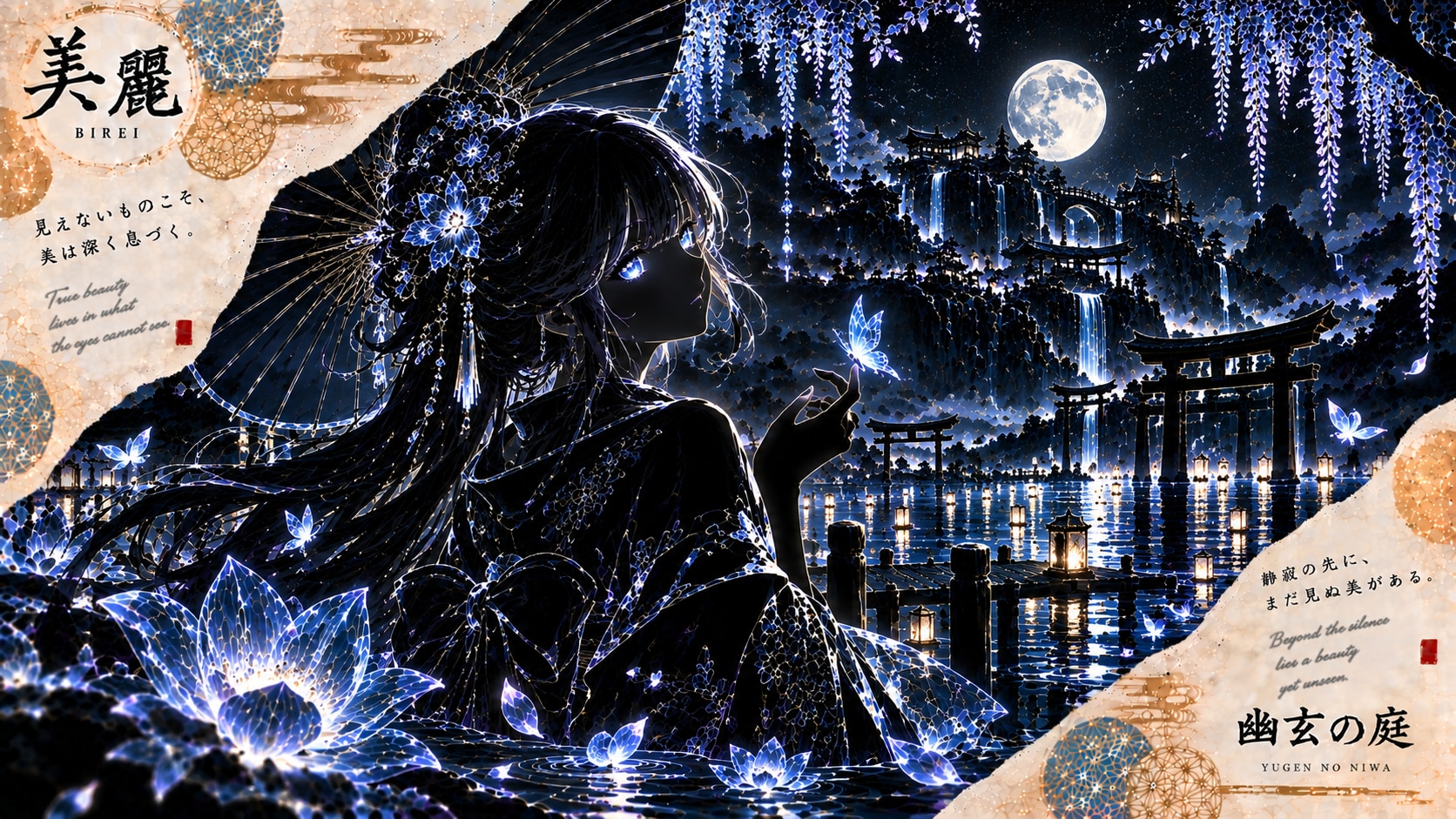 The Yugen Garden: Beyond the Silence  A mystical and ethereal illustration capturing a dark-haired w | の人気AIイラスト・グラビア