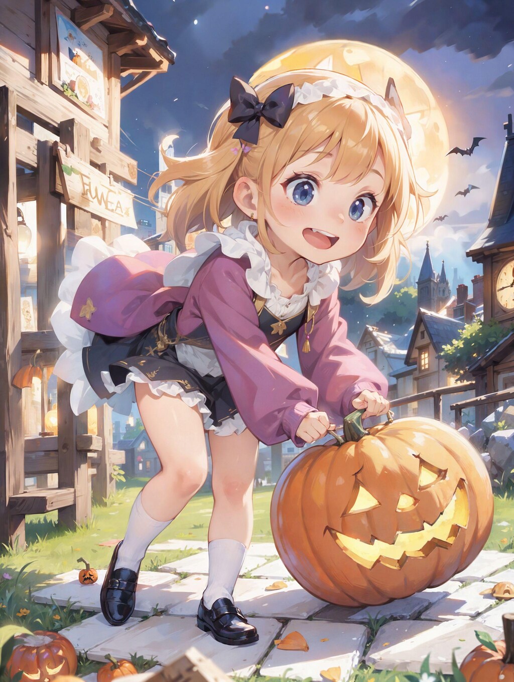 ハロウィン仮装パーティー♪（ジャックオランタンと遊ぶ女の子）