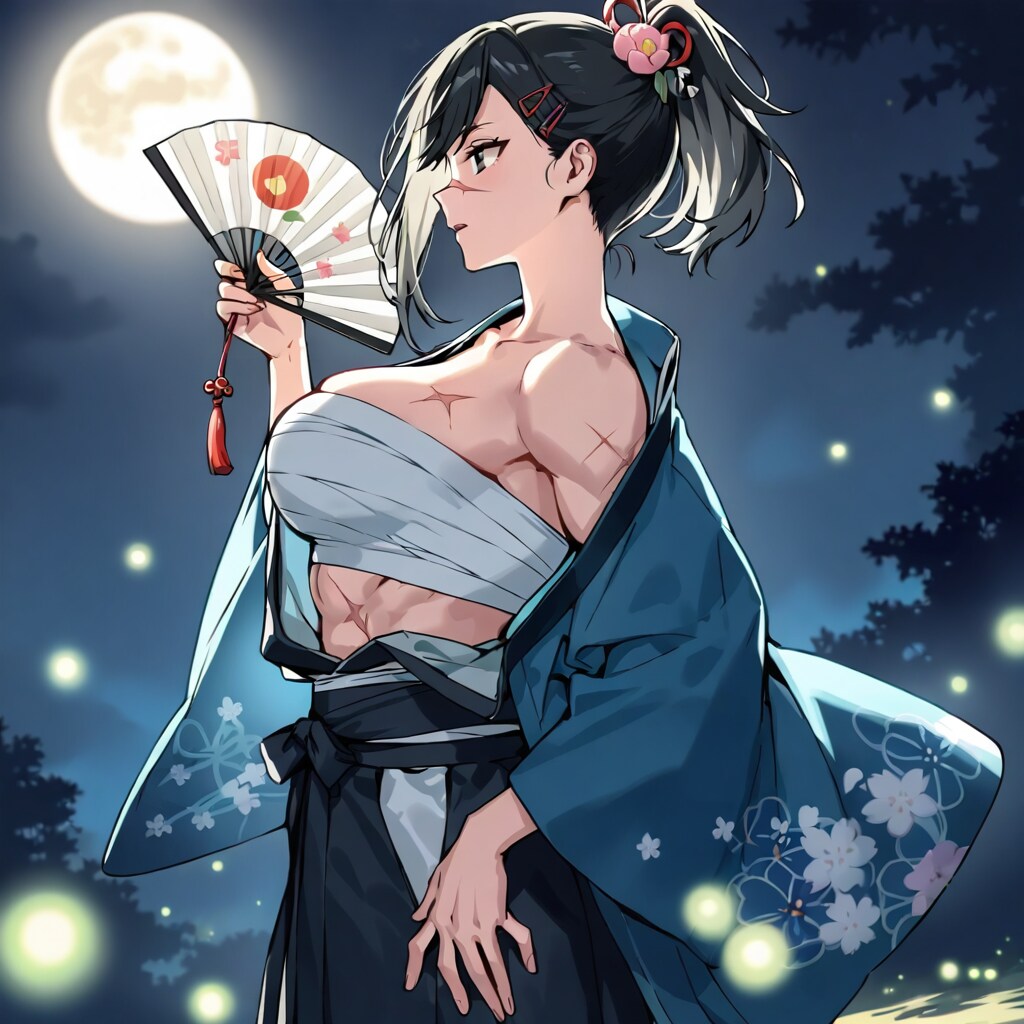 蛍舞う月夜と女浪人