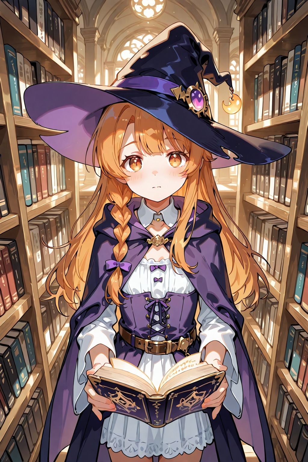 図書館の書架で魔導書を探す、若い魔女