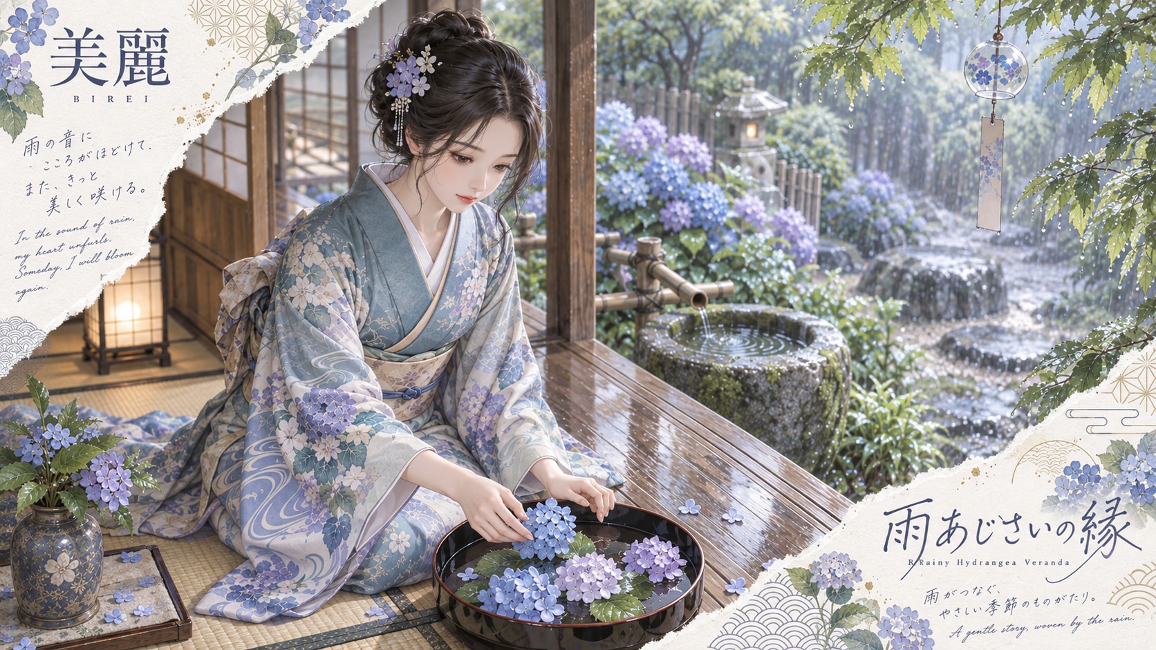 Rainy Hydrangea Veranda  In the sound of rain, my heart unravels.  Someday, I will bloom again.  On | の人気AIイラスト・グラビア