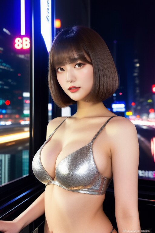 ネオン街とビキニ美女