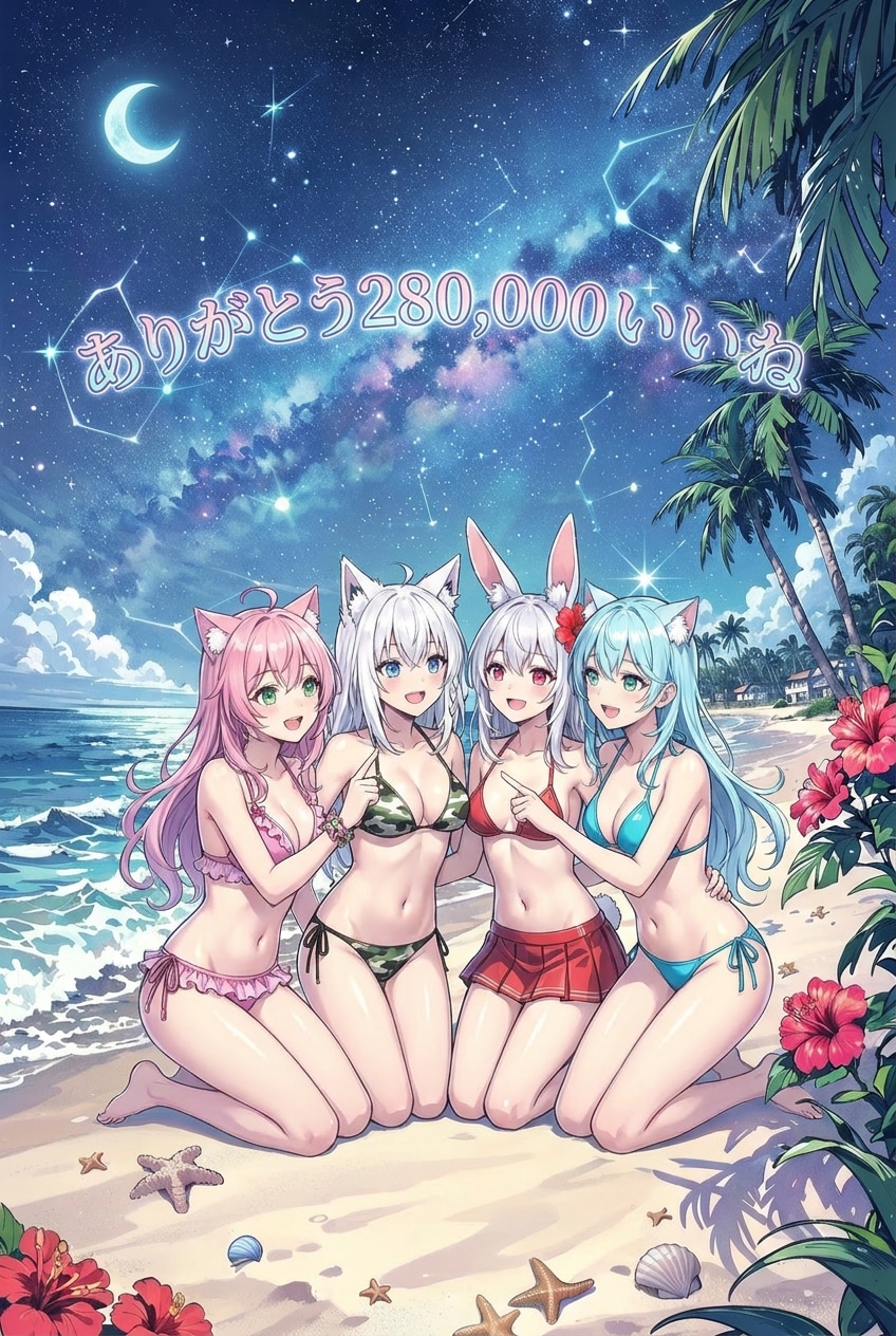 ㊗️280,000いいね到達記念🎉🎊「星空のビーチ」🐱🐰🐺🐱✨