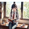 窓辺て本を読んでいる(透明水彩) 4枚目