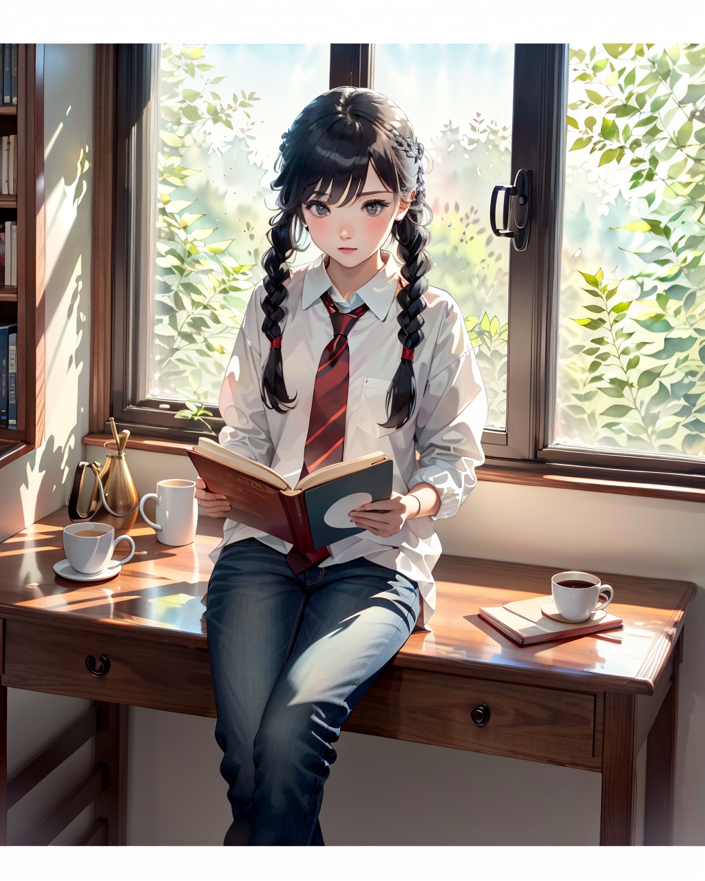 窓辺て本を読んでいる(透明水彩)