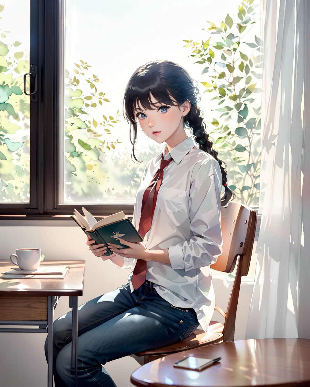 窓辺て本を読んでいる(透明水彩)