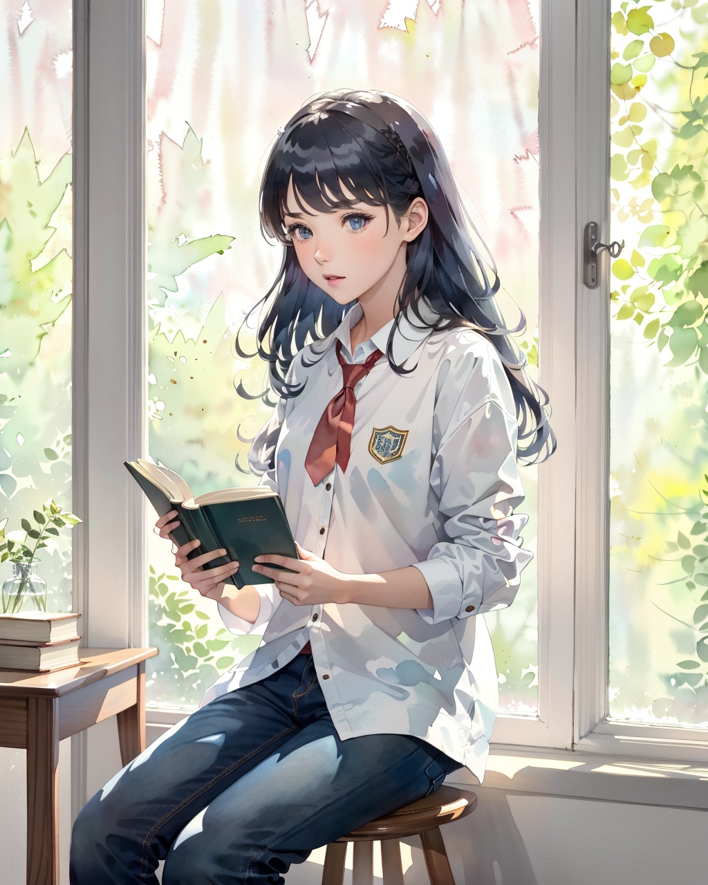 窓辺て本を読んでいる(透明水彩)
