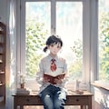 窓辺て本を読んでいる(透明水彩) 10枚目