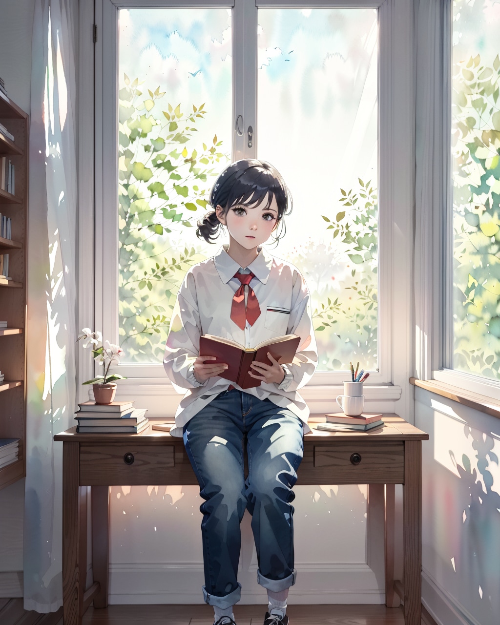 窓辺て本を読んでいる(透明水彩)