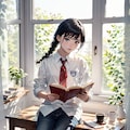 窓辺て本を読んでいる(透明水彩) 5枚目